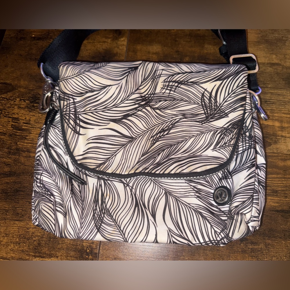 Lululemon Party Om nylon flap crossbody bag Sketchy Palms white black print